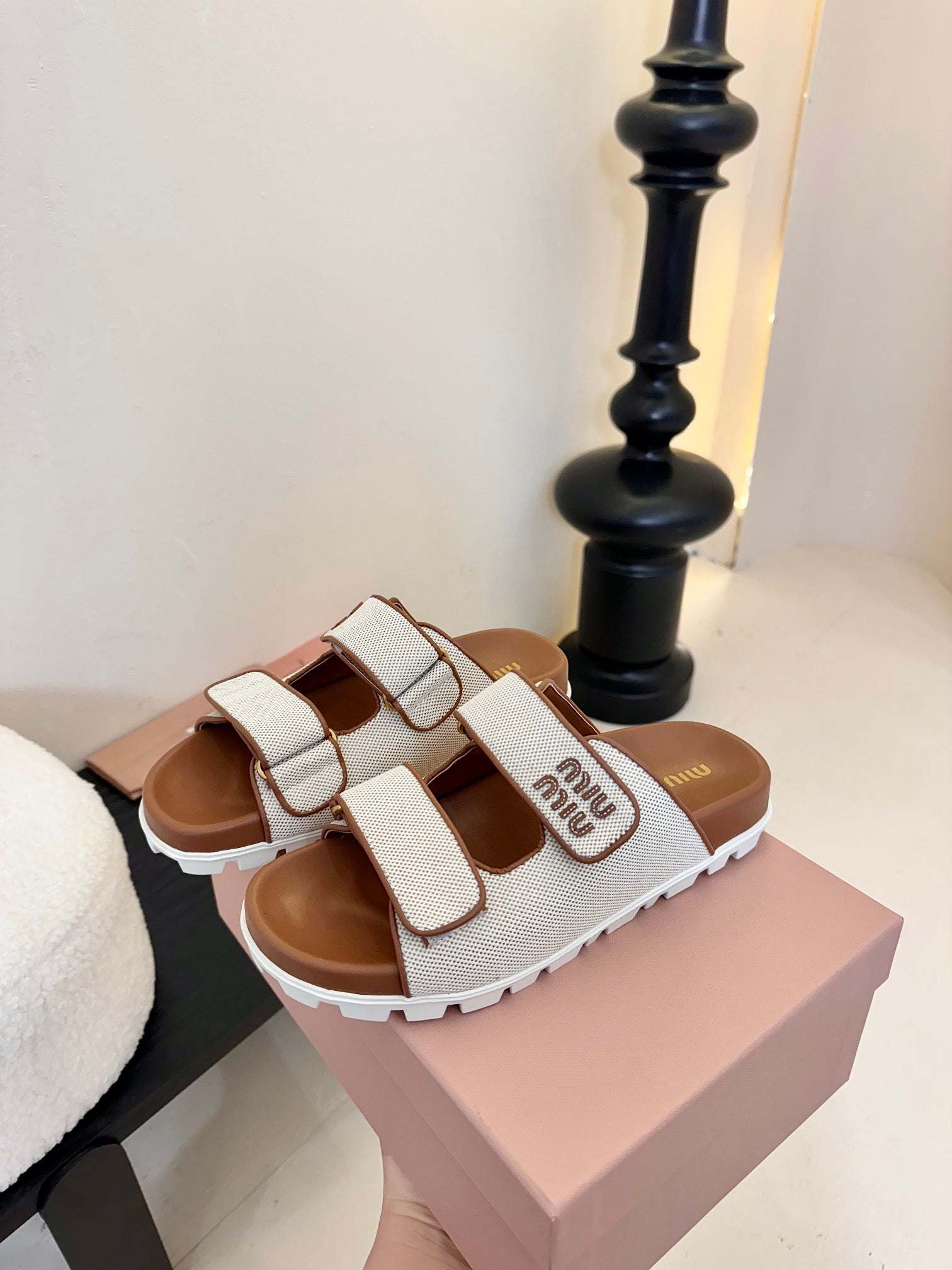 Beige/Brandy Canvas Slides