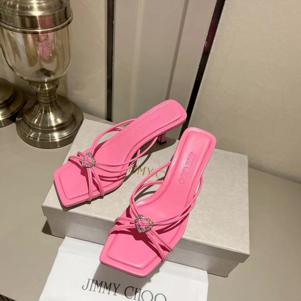 Candy Pink Leather Mules with Crystal Hearts