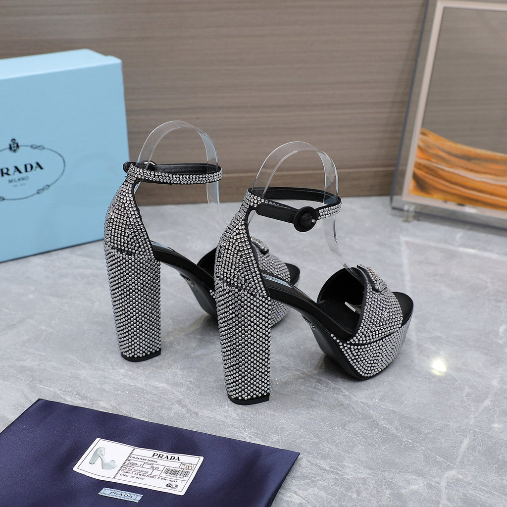 Black Satin Platform Sandals With Crystals
