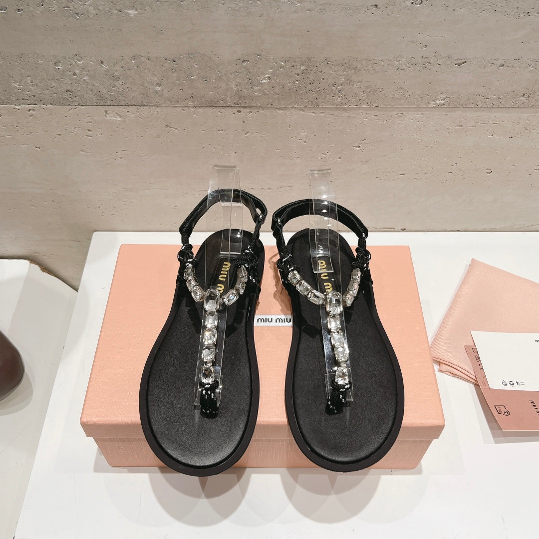 Crystal/Black Cotton Cord Thong Sandals