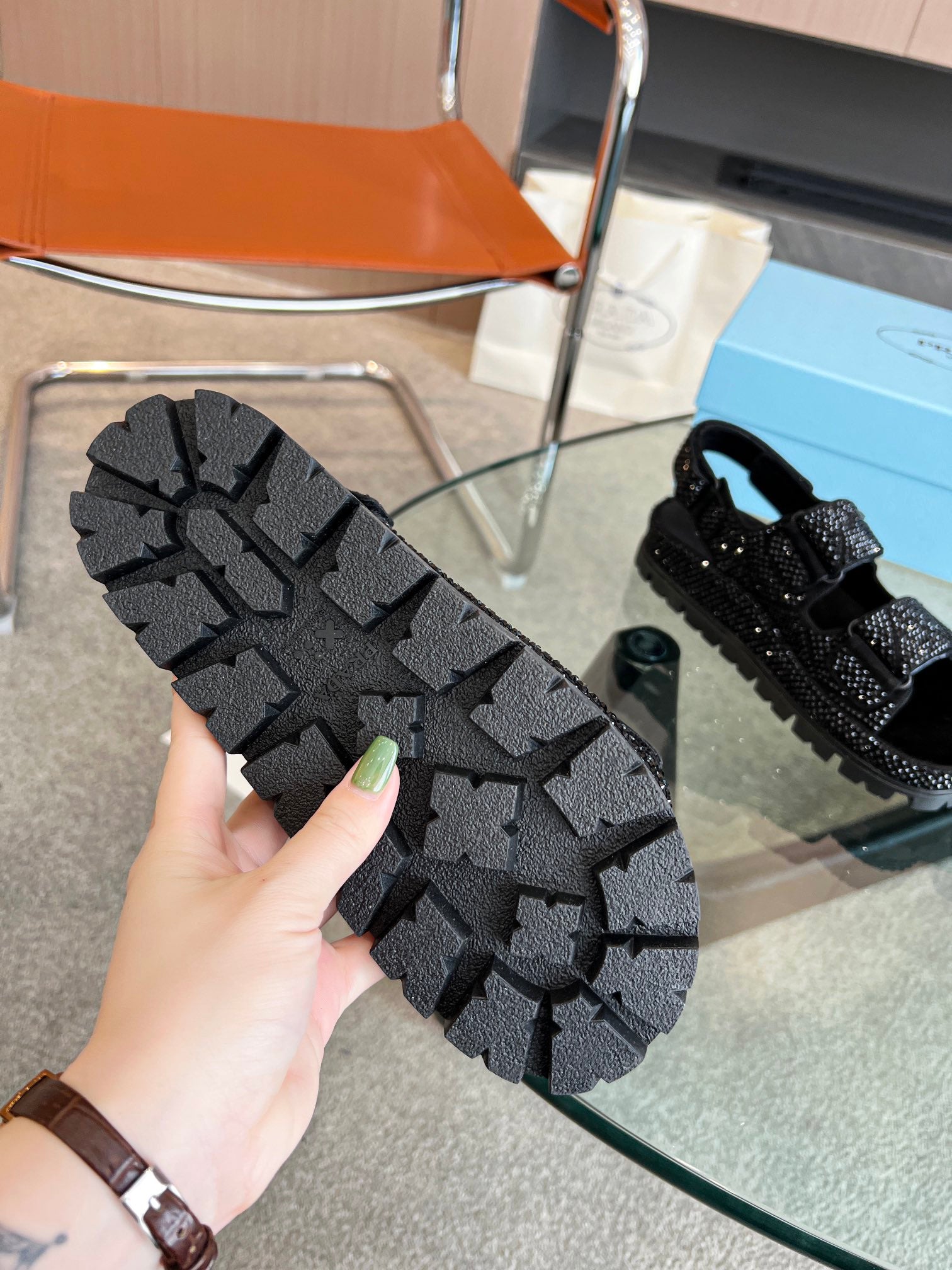 Black P satin sandals with crystals