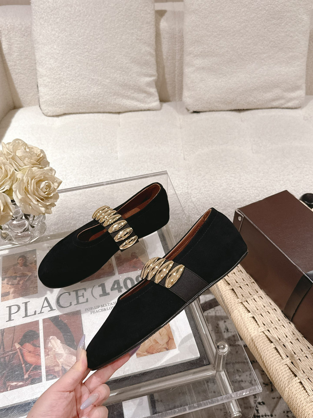 Black Jewel Ballet Flats In Suede