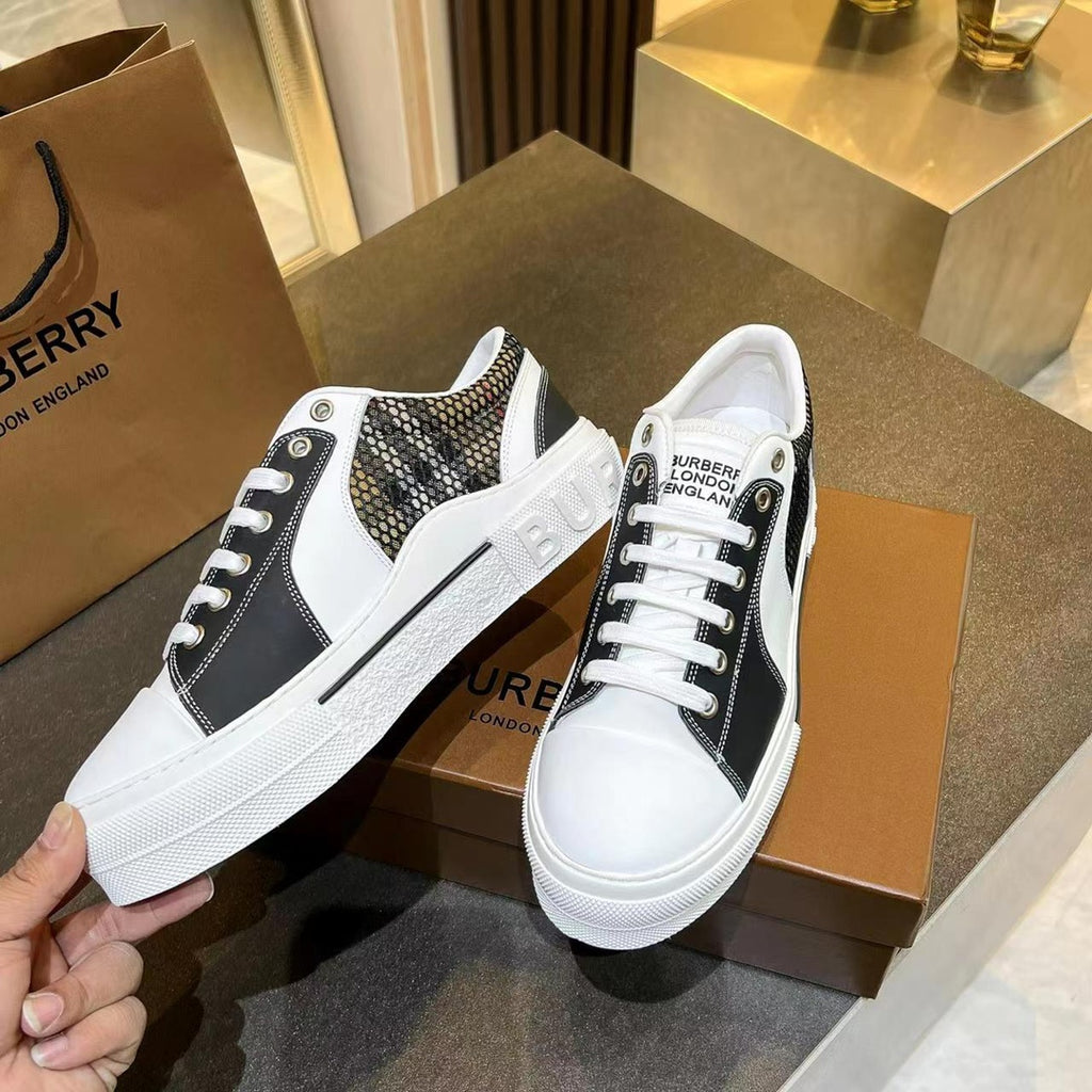 Women's Black & White Vintage Check Cotton, Mesh and Leather Sneakers