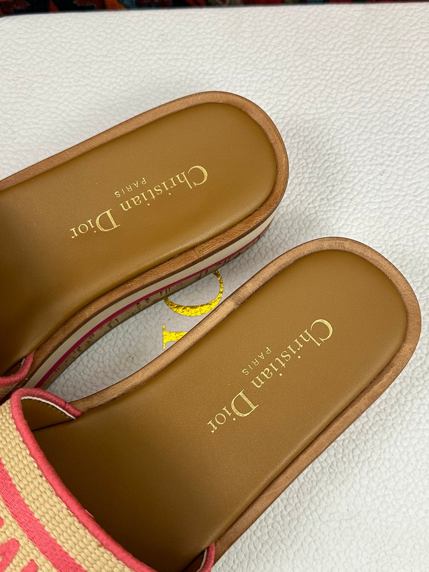 Natural Raffia & Pink Embroidered DD Platform Slide