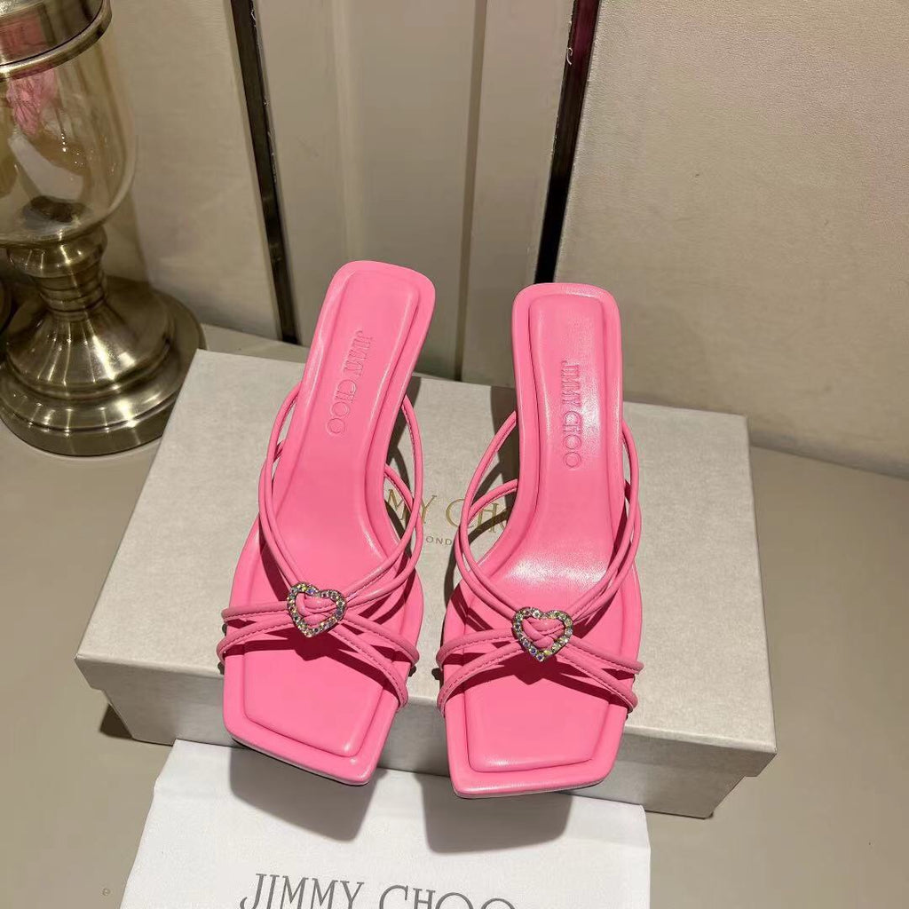 Candy Pink Leather Mules with Crystal Hearts