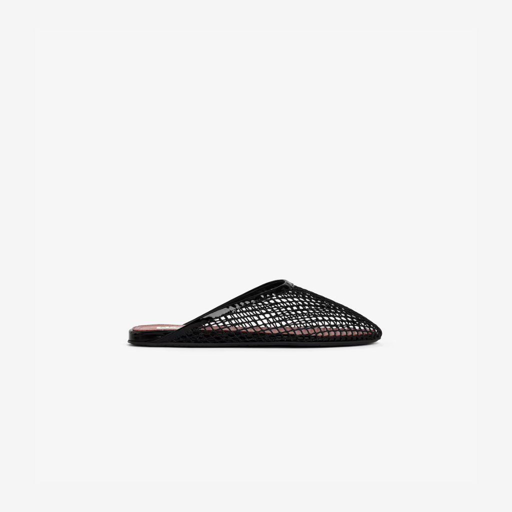 Black Flat Mules In Fishnet