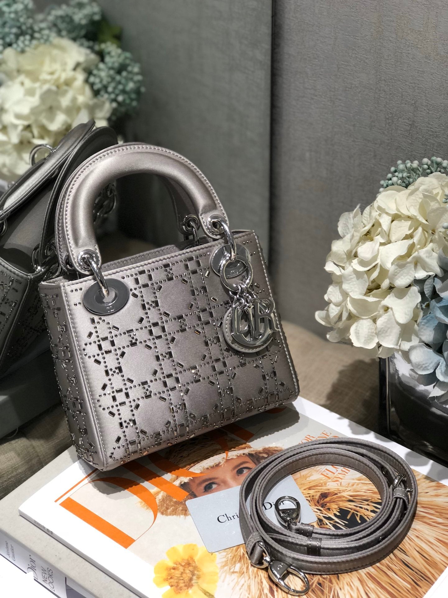 Gray Strass Cannage Satin Mini LD Bag