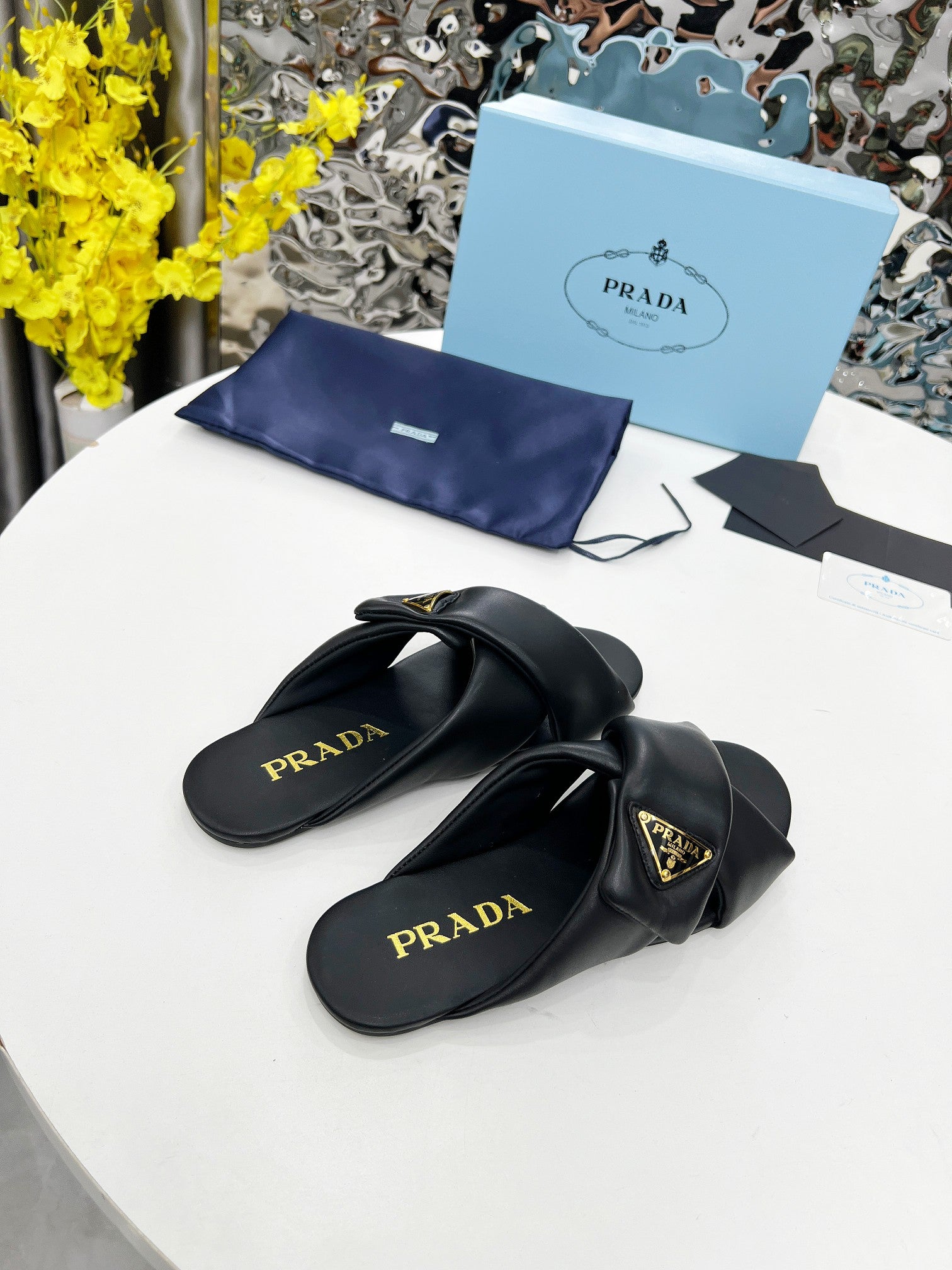 Black Padded Leather Slides