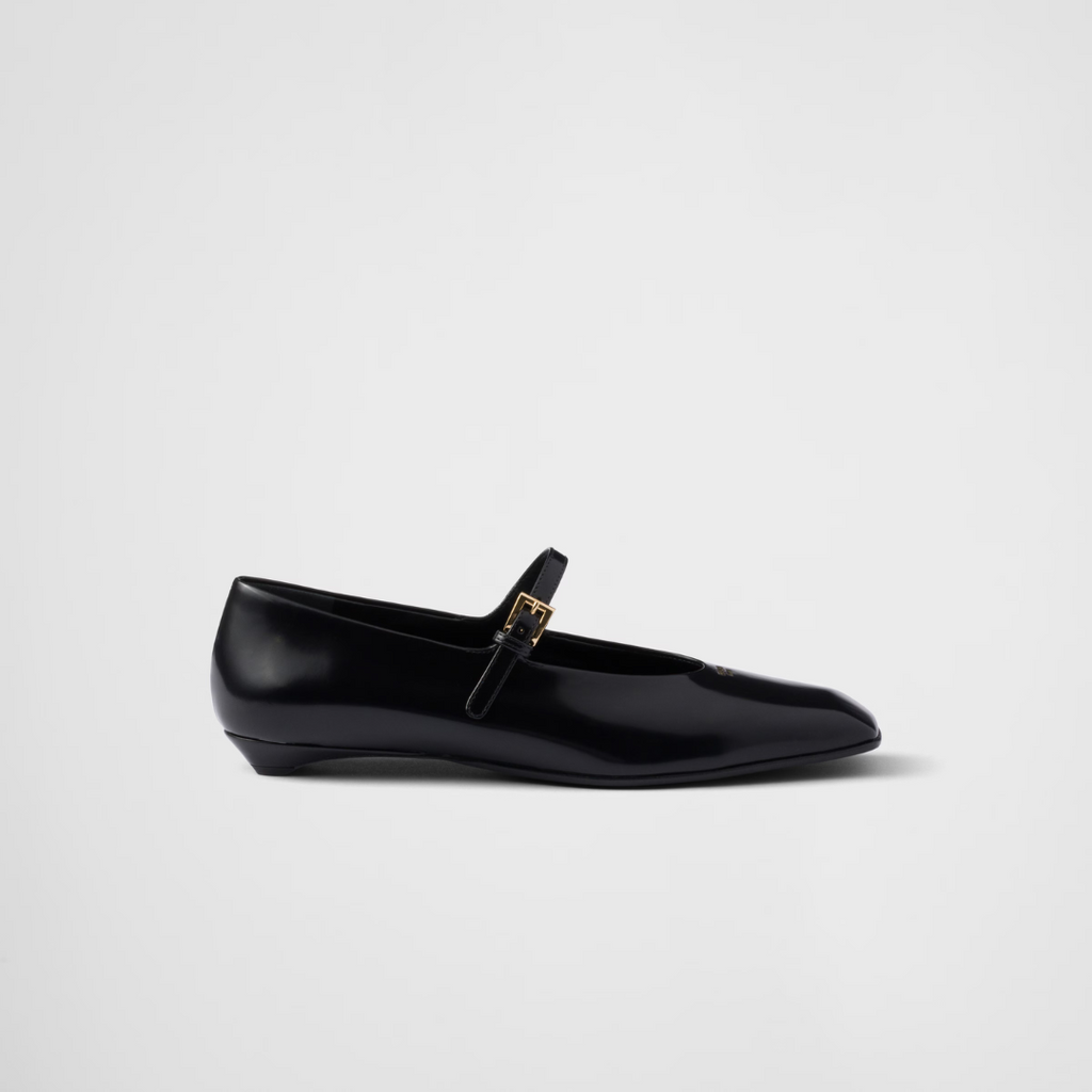 Black Brushed Leather Mary Jane Ballerinas