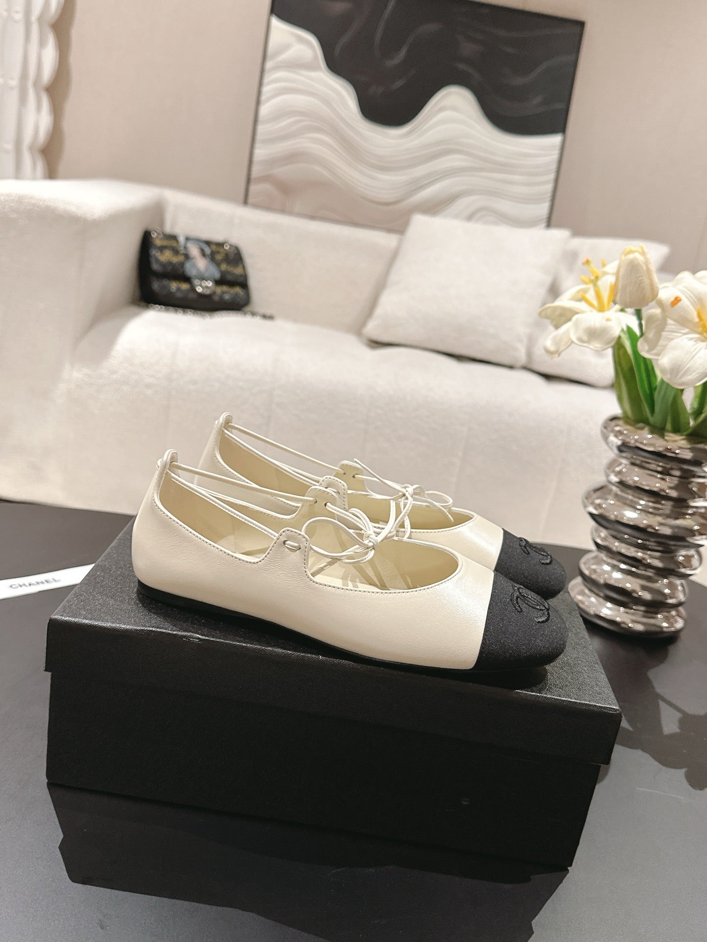 Ivory & Black MJ Ballerinas