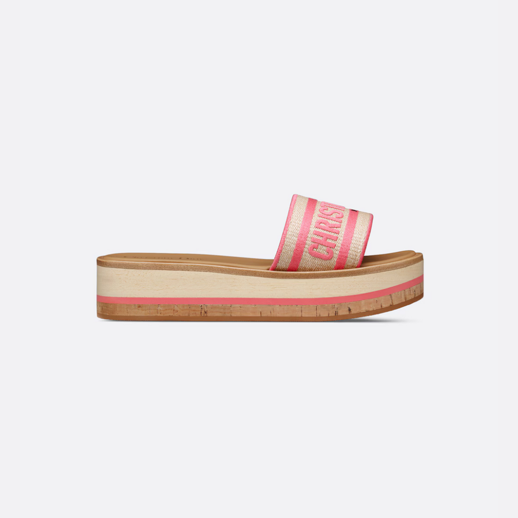 Natural Raffia & Pink Embroidered DD Platform Slide