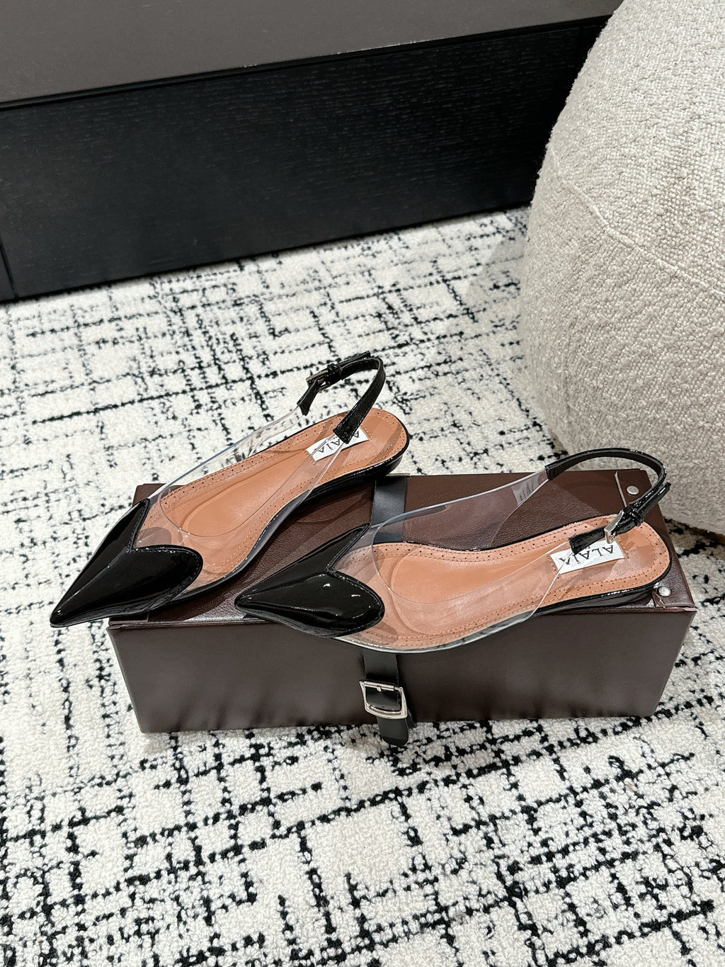 Black LC Flat Slingbacks In Patent Leather