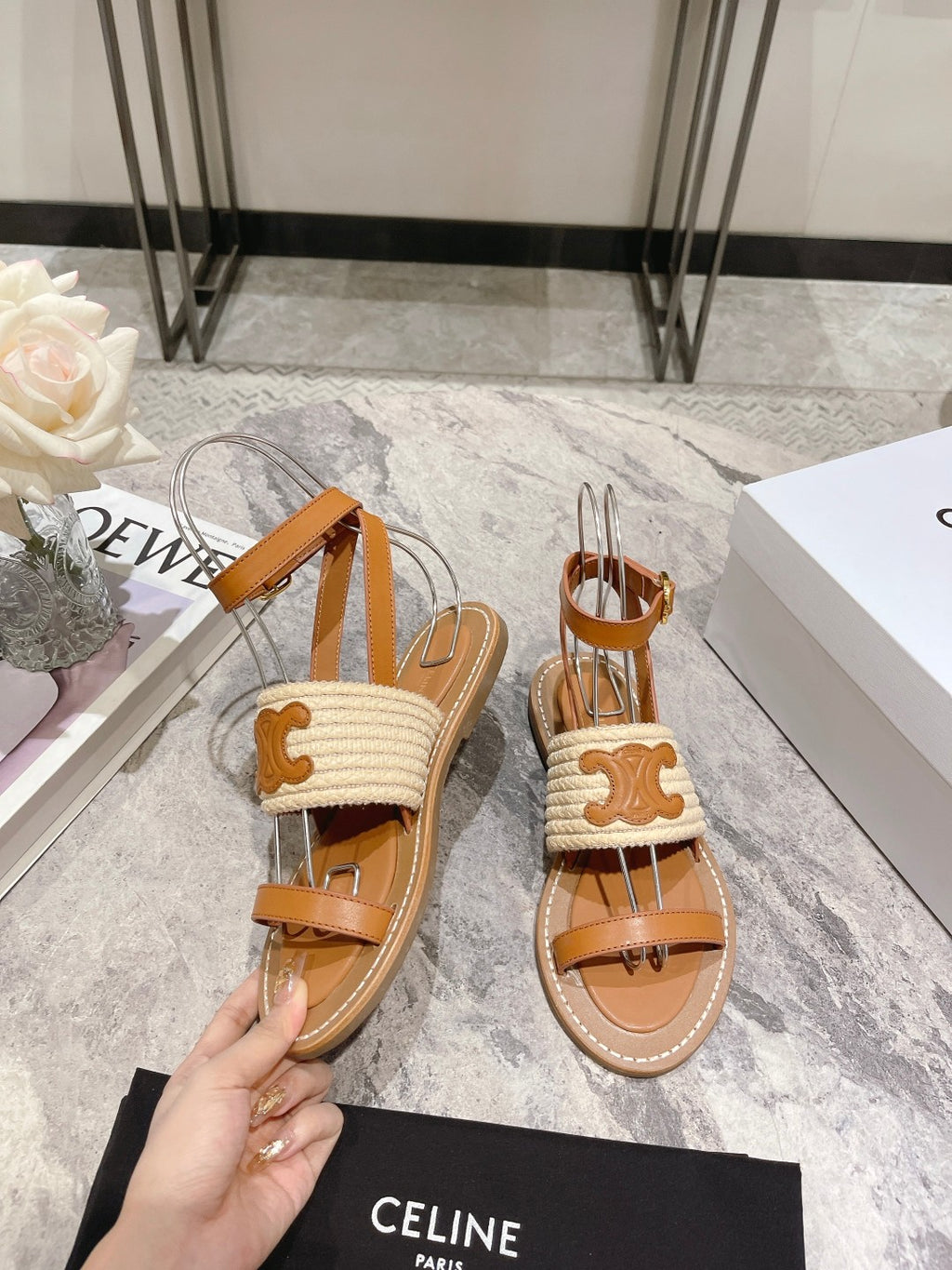 Beige & Tan CL Flat Strap Sandal