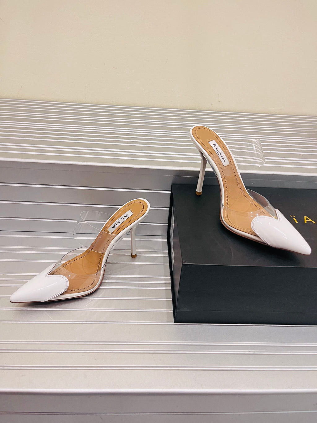 Optic White LC Mules In Patent Leather