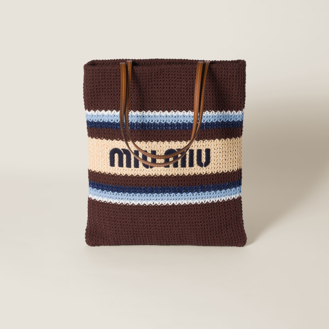 Cocoa Brown/Celeste/Natural Raffia-Effect Woven Tote Bag
