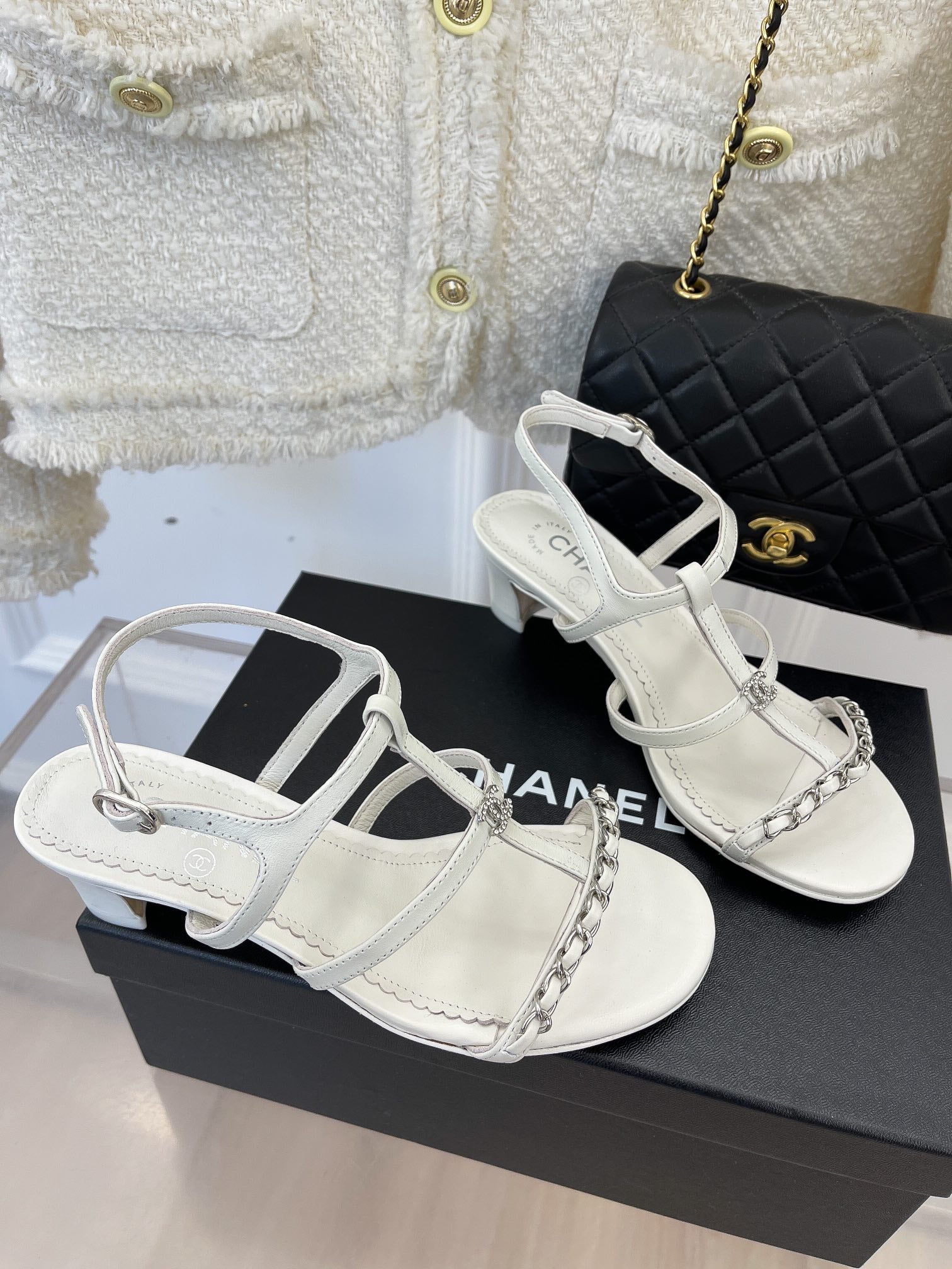 White CC leather & metal sandals