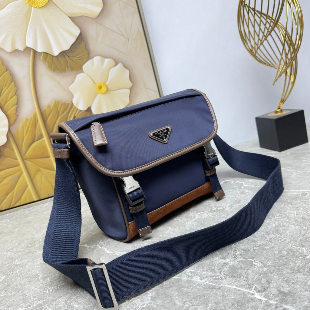 Blue/Coffee Medium Re-Nylon & Leather Shoulder Bag