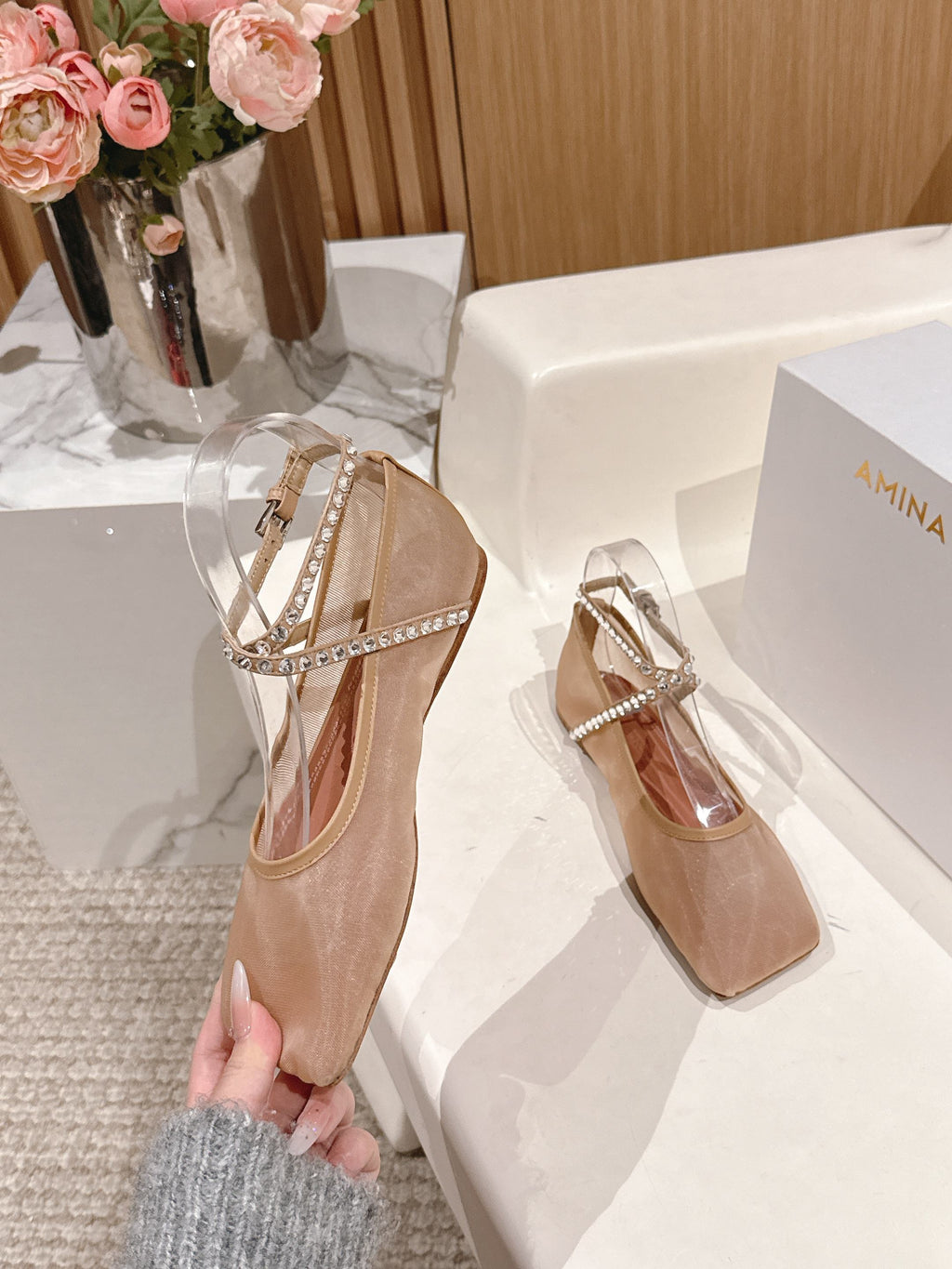 Latte Ane Mesh Crystal Flat
