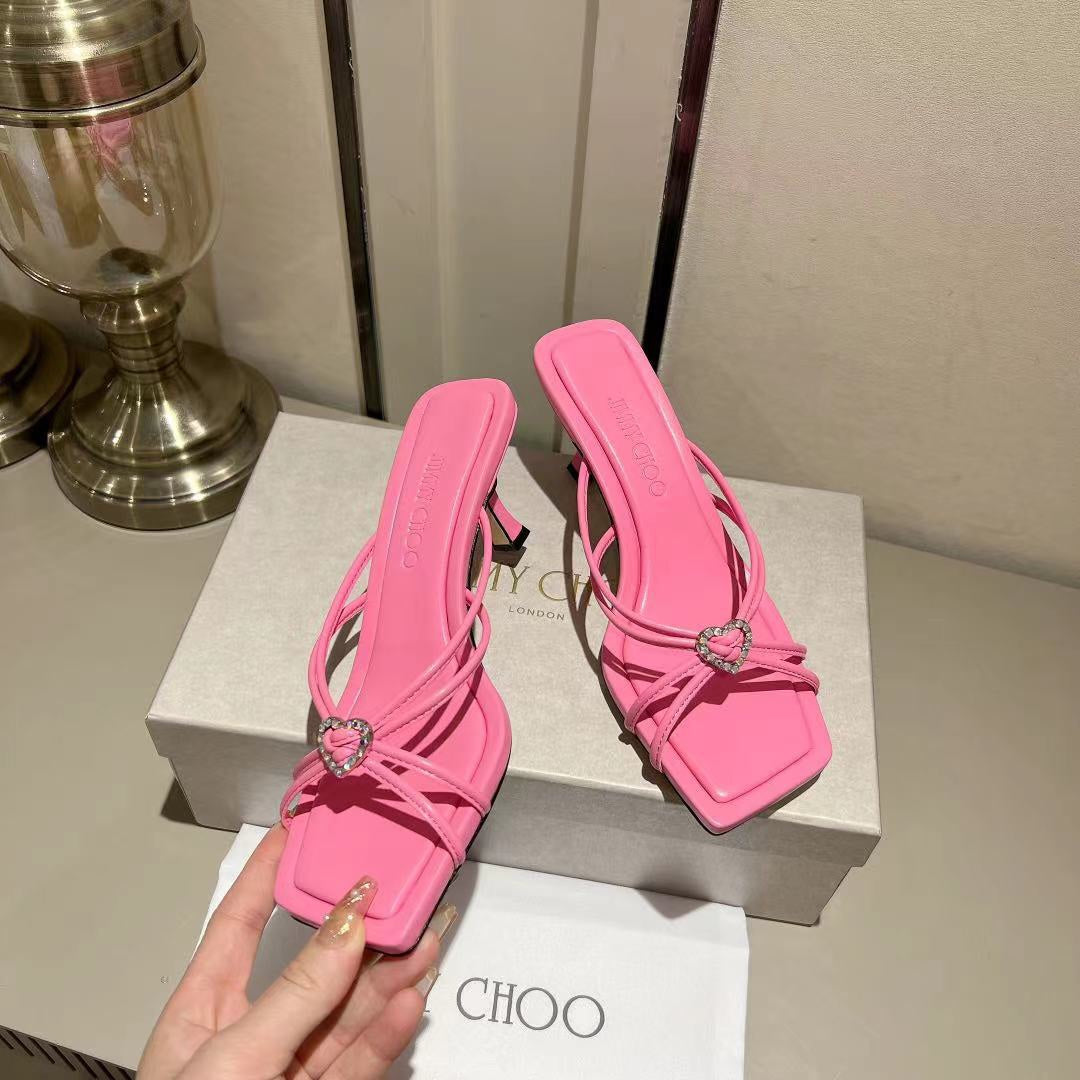 Candy Pink Leather Mules with Crystal Hearts