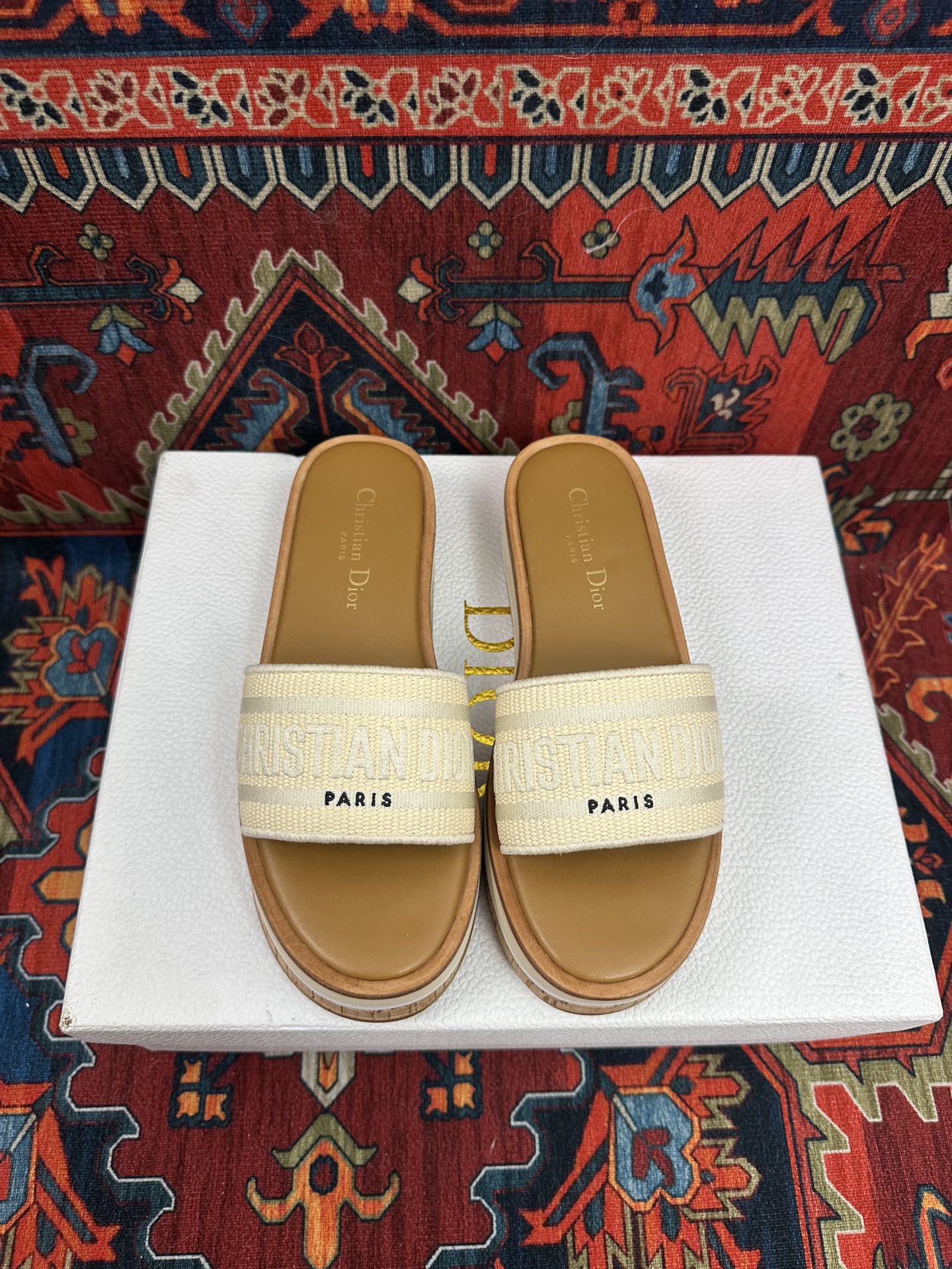 Natural Raffia & White Embroidered DD Platform Slide