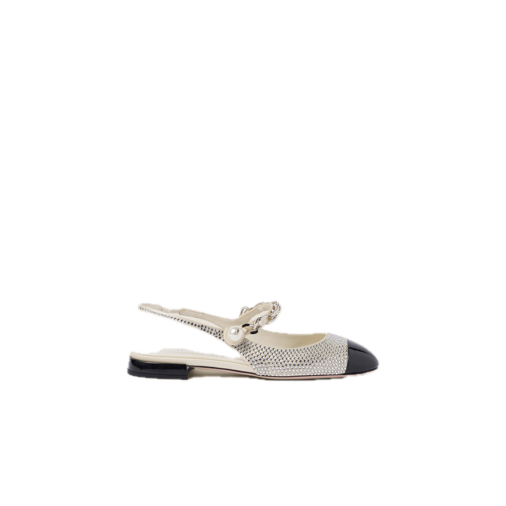 Ivory/Black Satin Slingback Ballerinas With Crystals