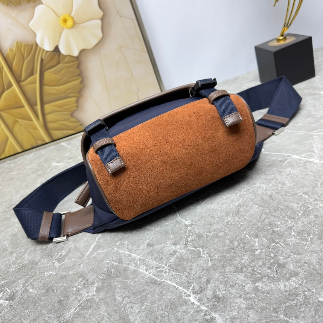 Blue/Coffee Small Re-Nylon & Leather Shoulder Bag