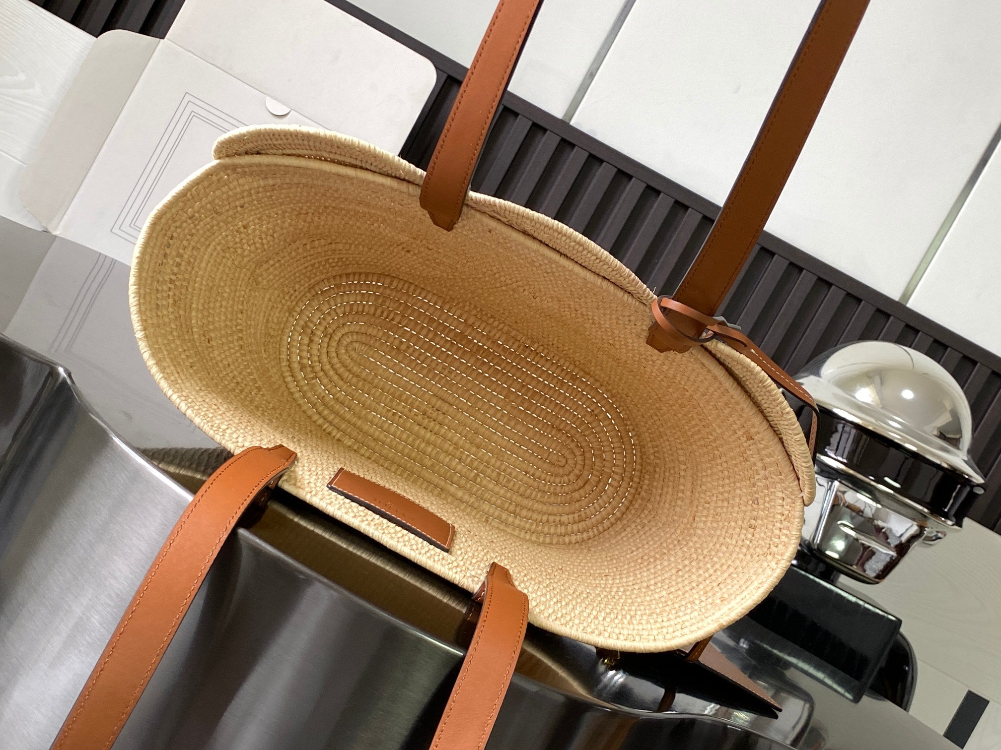 Tan Classic Panier Small Braided In Raffia & Leather