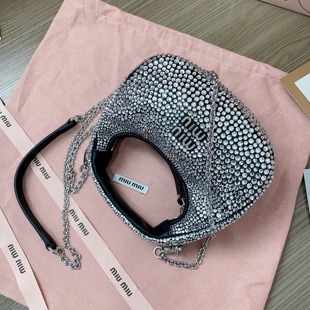 Black Wander Satin Mini Hobo Bag With Synthetic Crystals