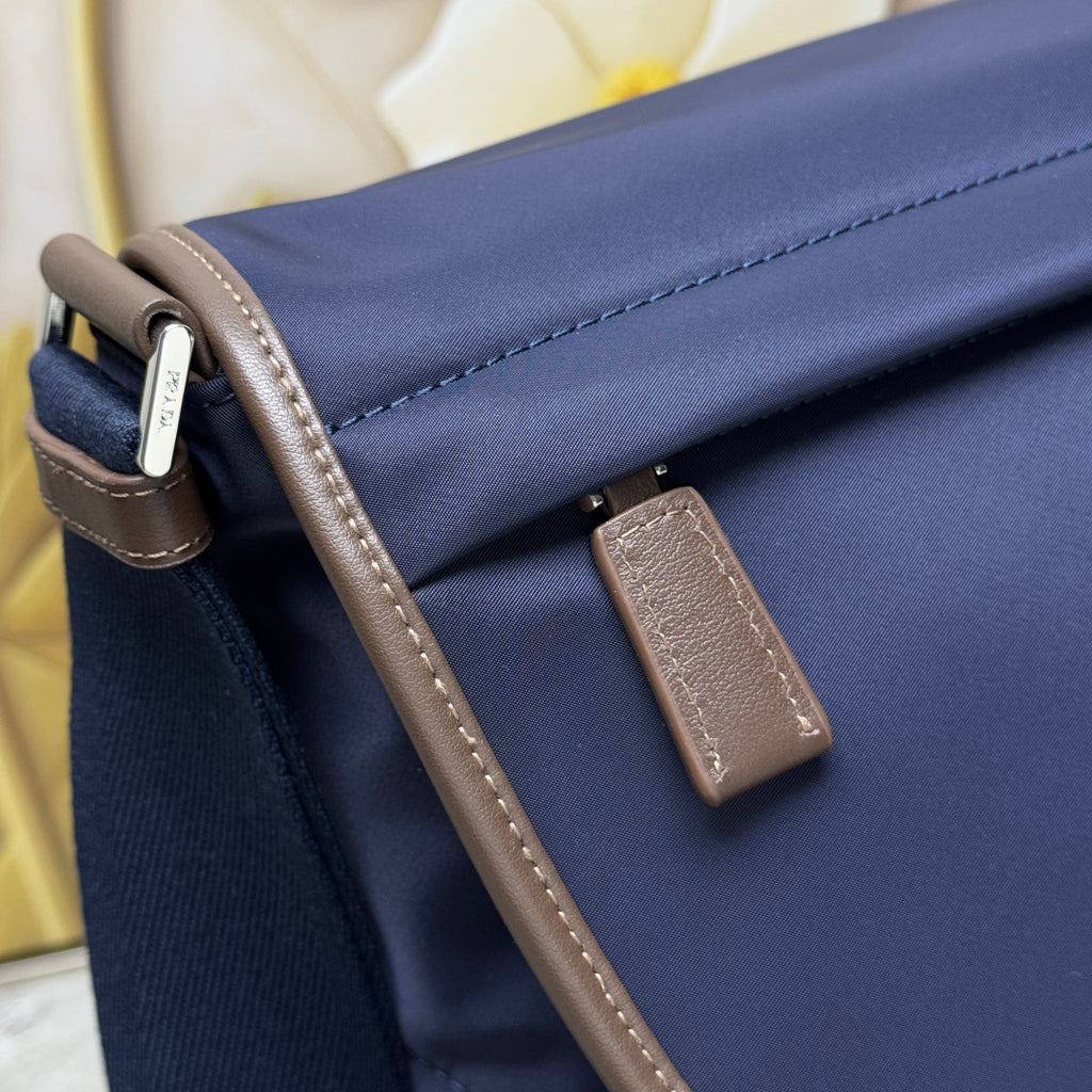 Blue/Coffee Large Re-Nylon & Leather Shoulder Bag
