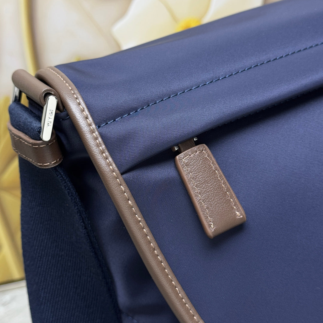 Blue/Coffee Large Re-Nylon & Leather Shoulder Bag
