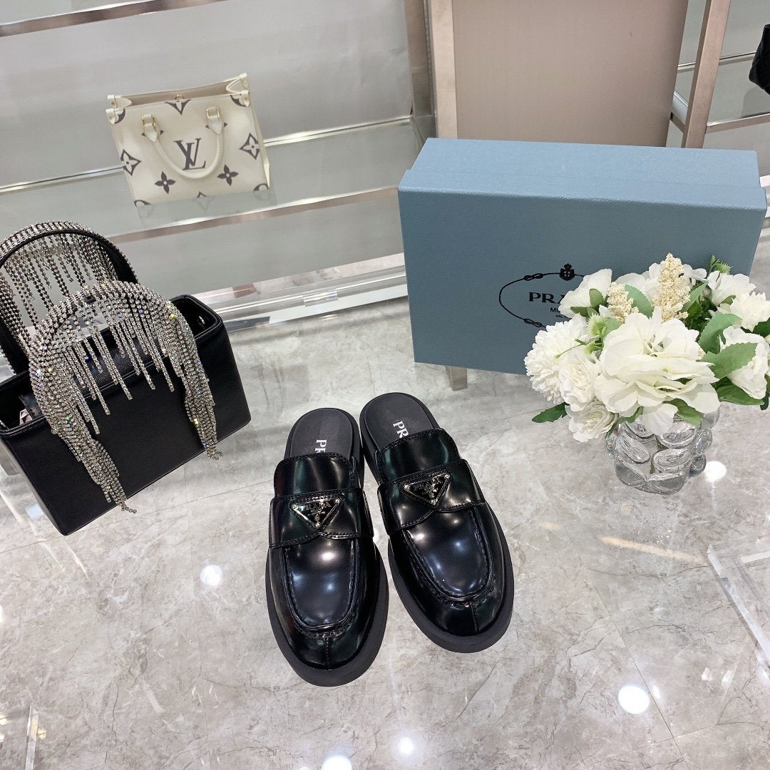 Black Brushed leather mules