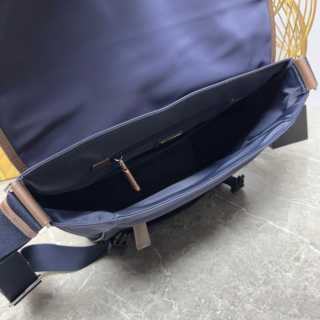 Blue/Coffee Large Re-Nylon & Leather Shoulder Bag