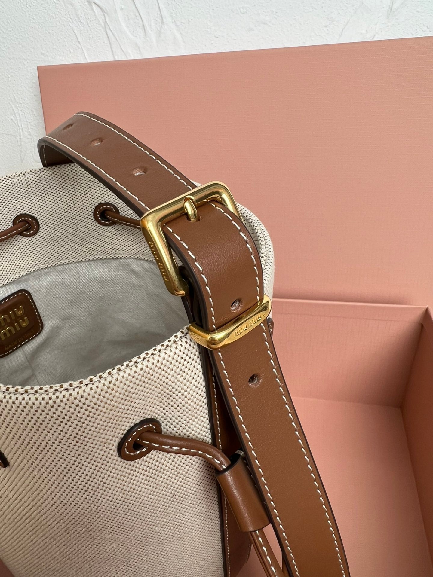 Beige/Brandy Canvas & Leather Bucket Bag