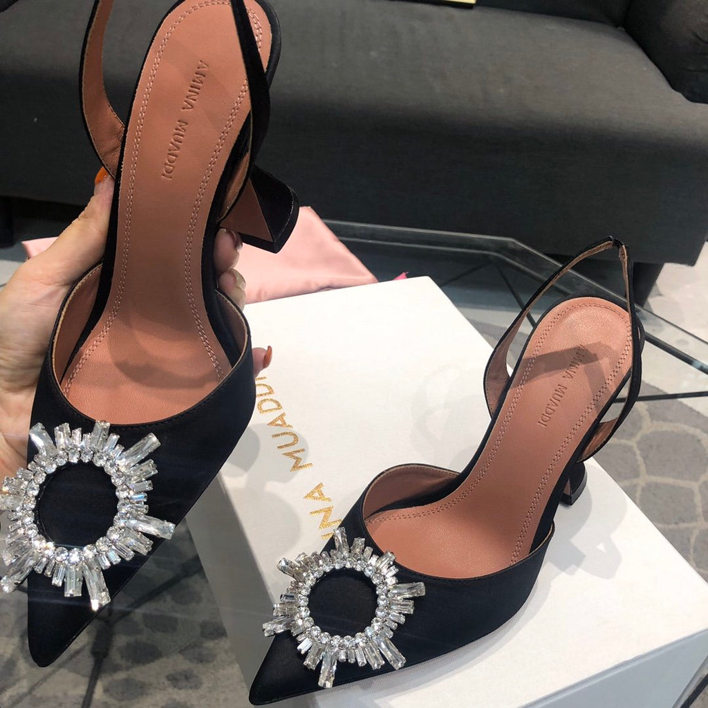 AB crystal-embellished satin slingback pumps