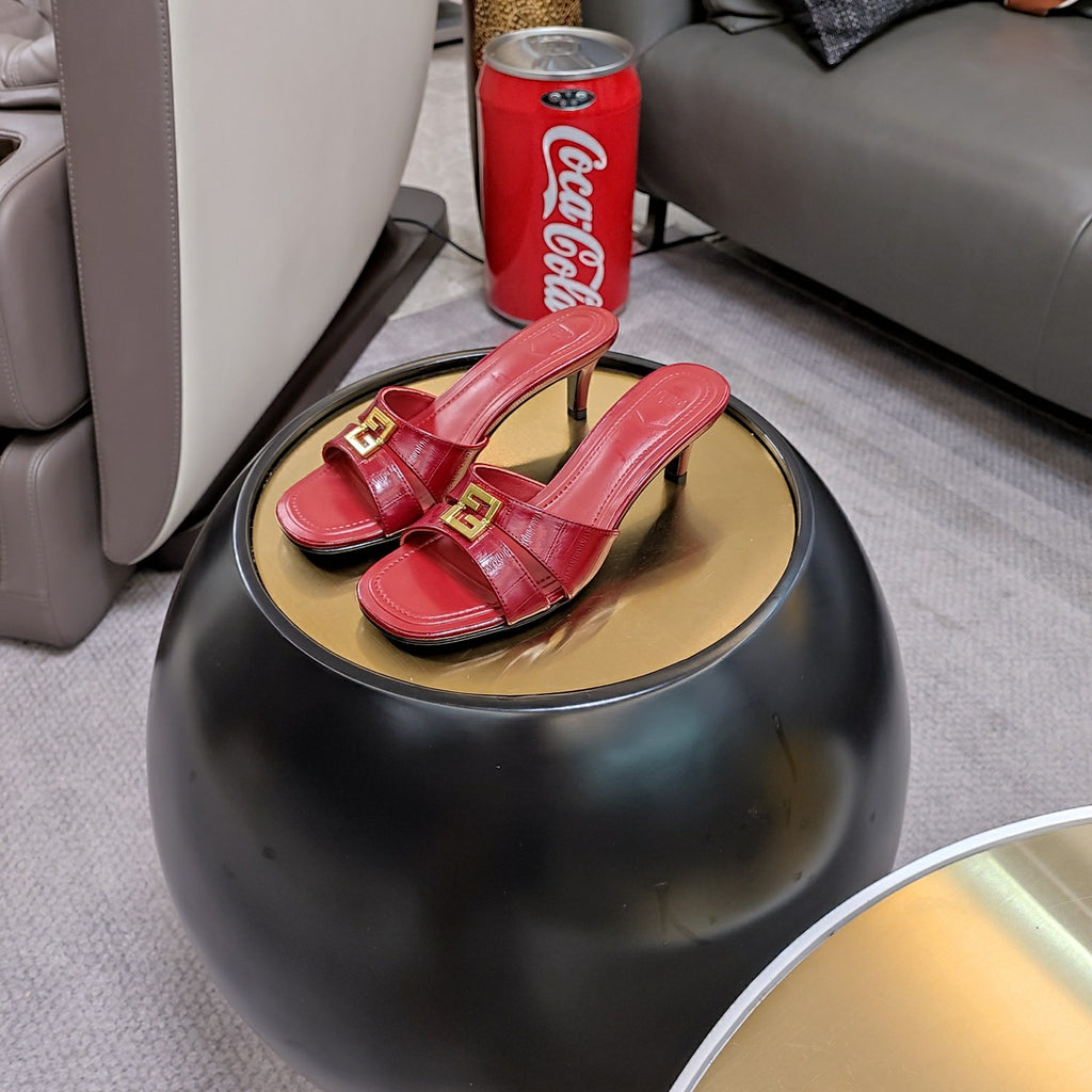 Red Leather Medium-Heeled Sandals