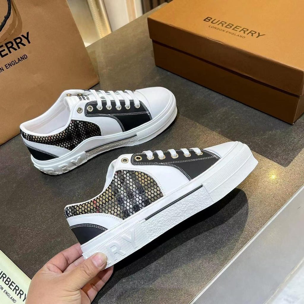 Women's Black & White Vintage Check Cotton, Mesh and Leather Sneakers
