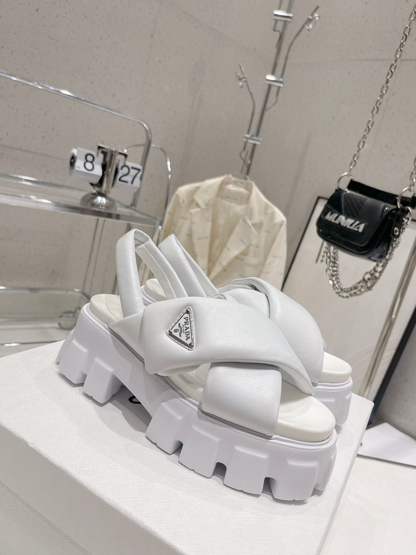 White P monolith padded leather sandals