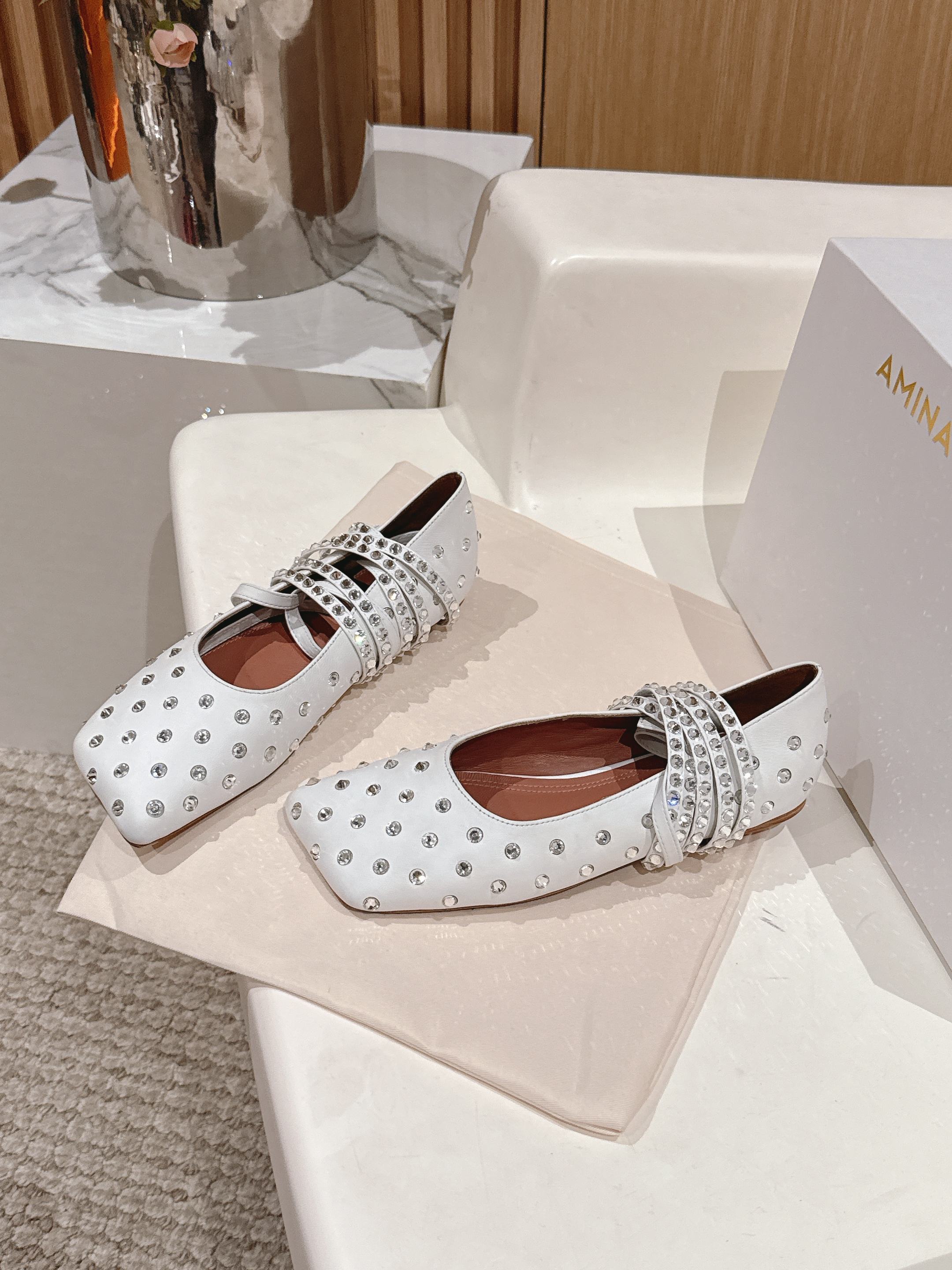 White Ane Embellished Leather Ballet Flats