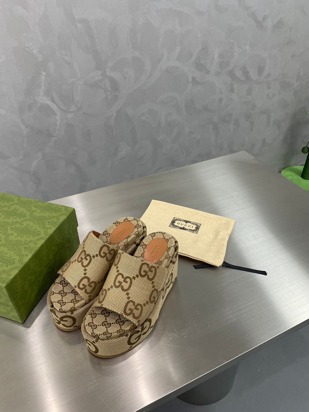 Camel and ebony platform slide sandal
