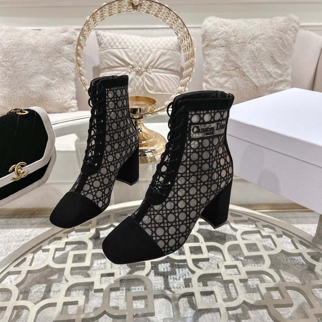 Black Cannage Motif & Suede ND Heeled Ankle Boot