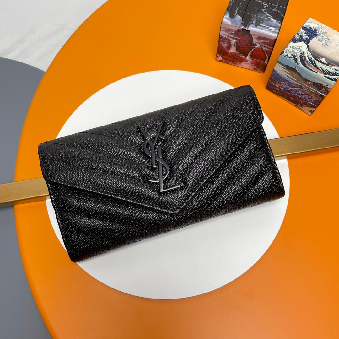 Black Large Flap Wallet With Black-Tone Hardware