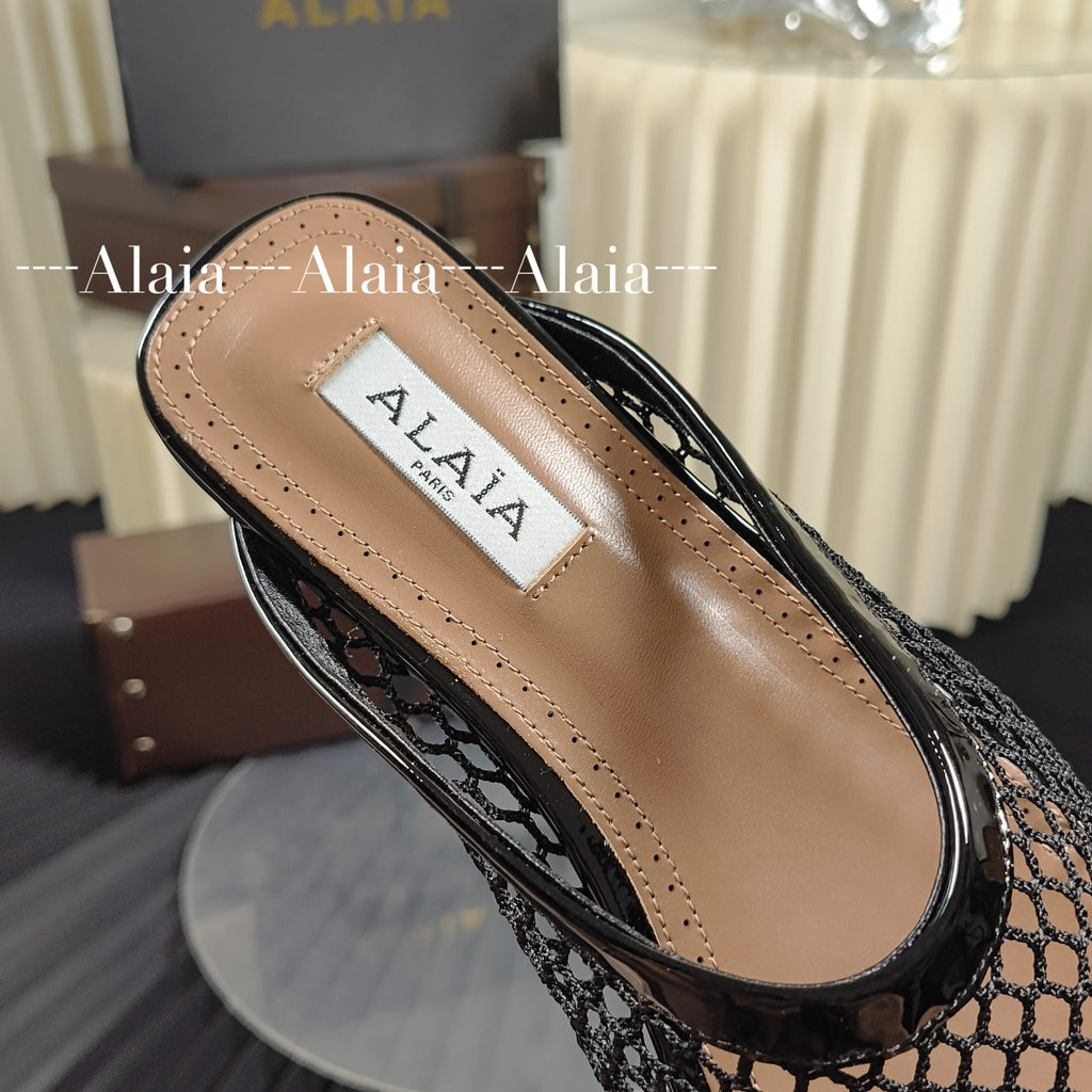 Black Flat Mules In Fishnet