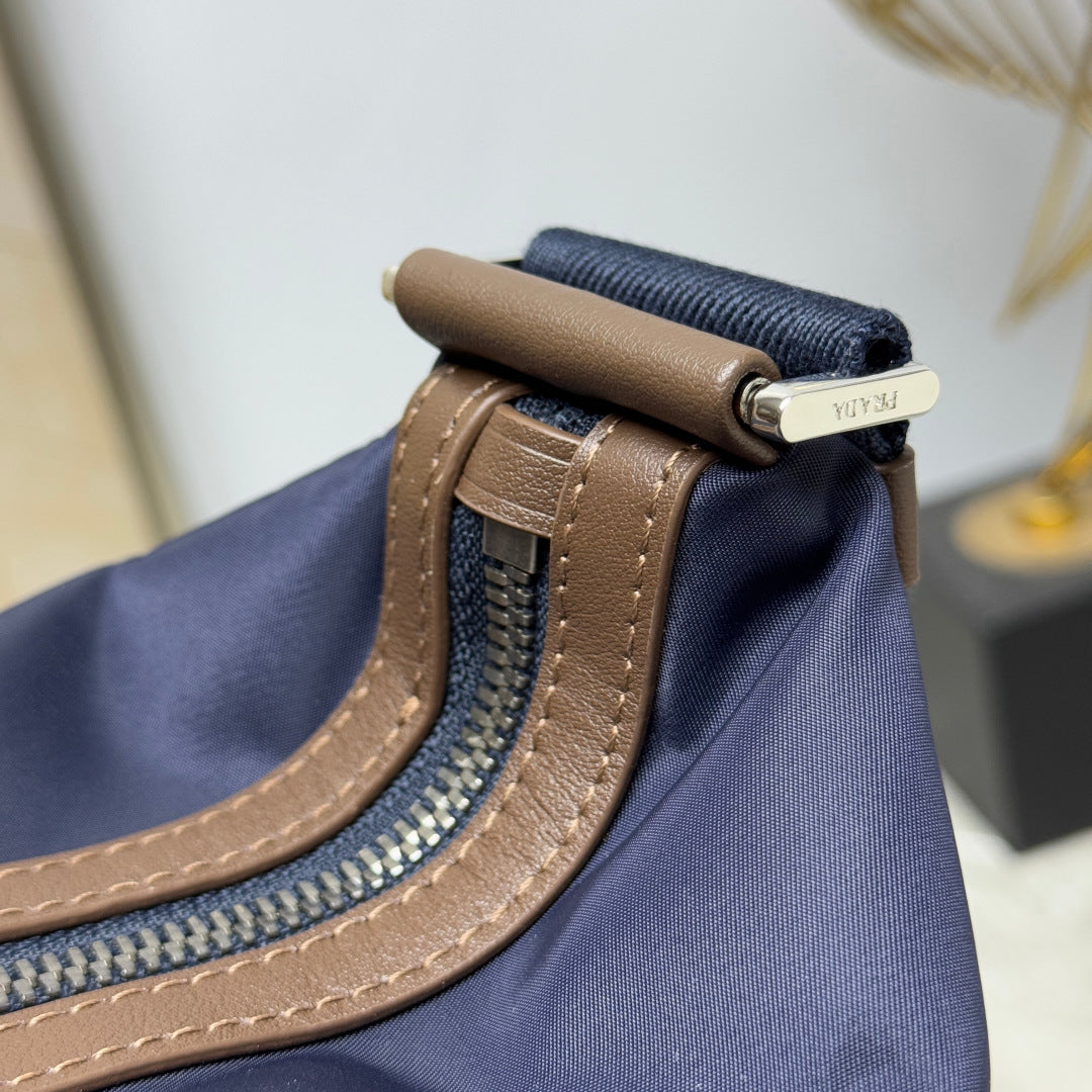 Blue/Coffee Re-Nylon & Leather Shoulder Bag