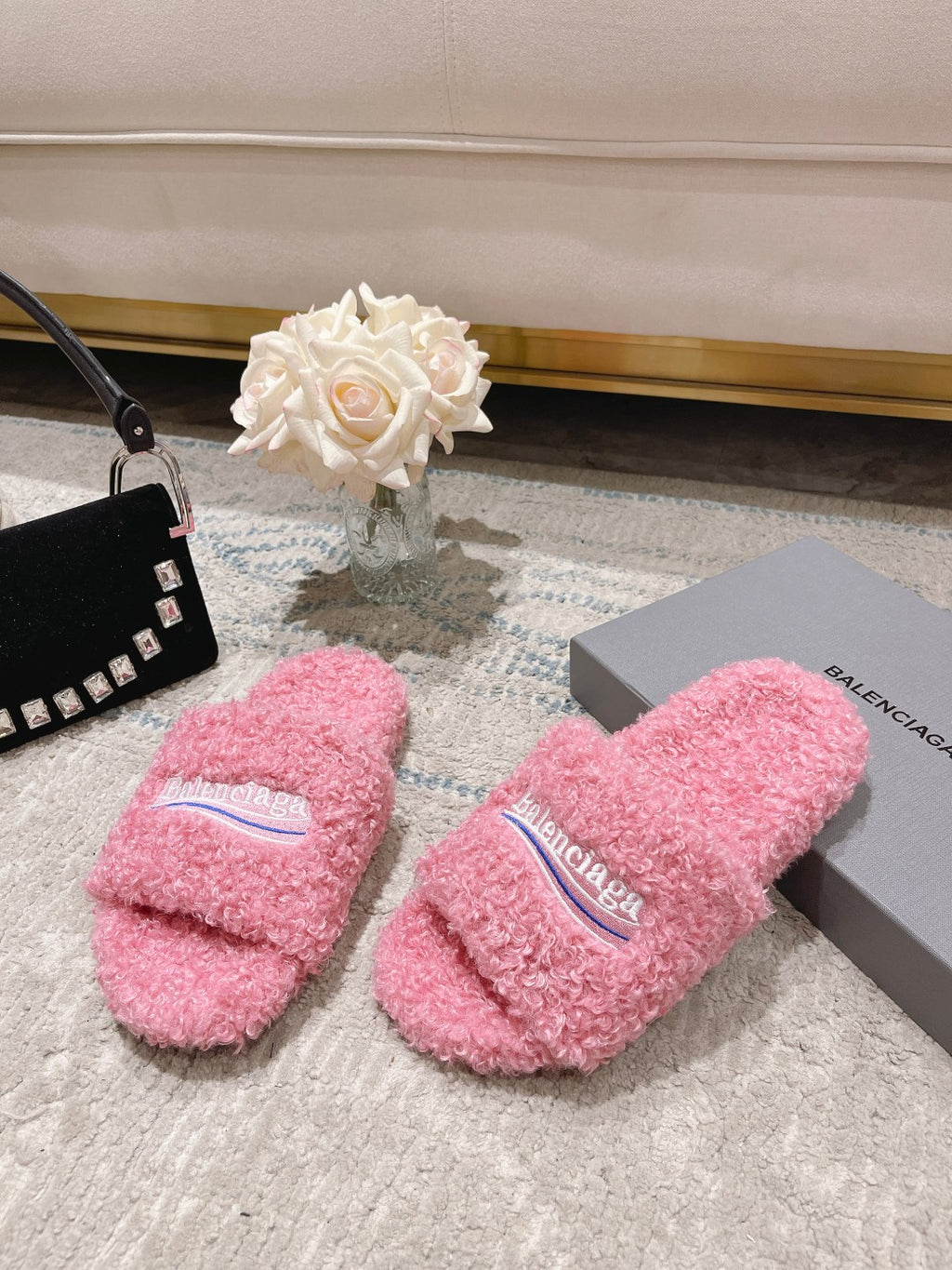 Pink Furry Slides Slip-On Sandals