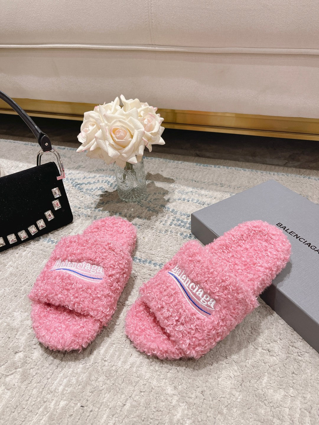 Pink Furry Slides Slip-On Sandals