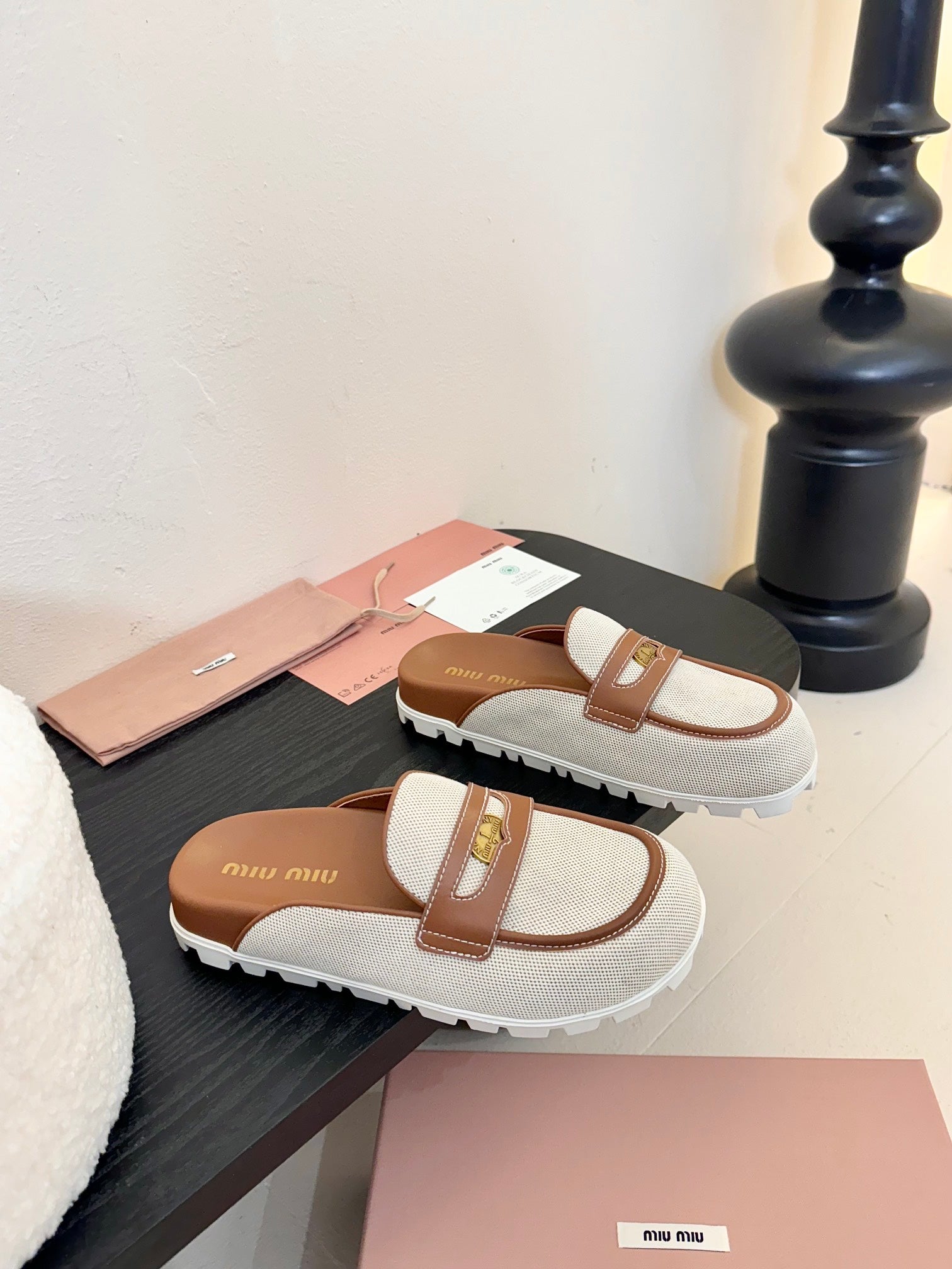 Beige/Brandy Canvas & Leather Mules