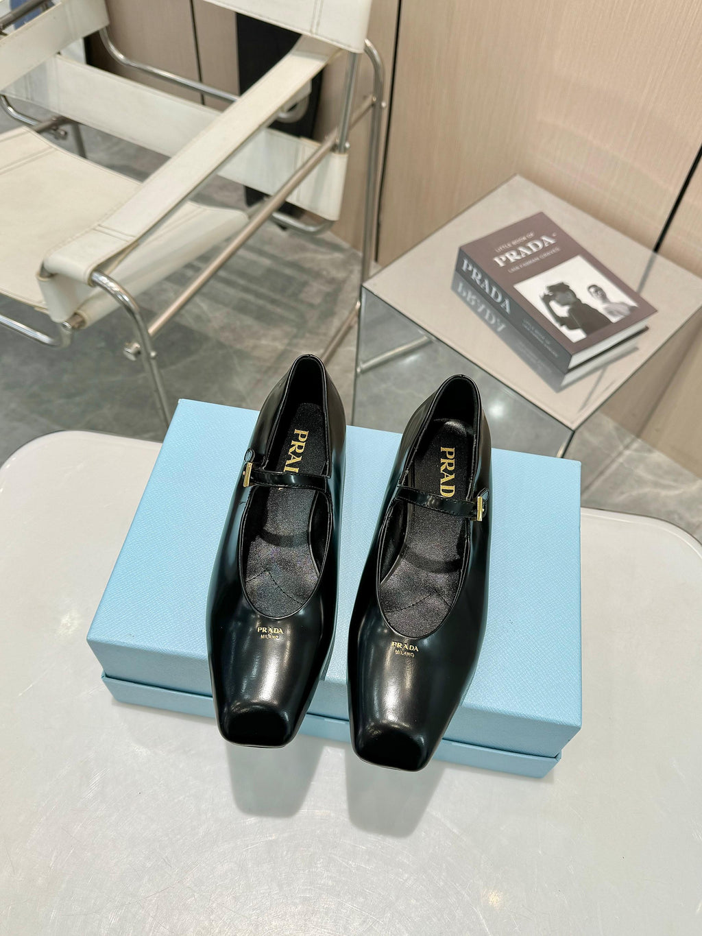 Black Brushed Leather Mary Jane Ballerinas