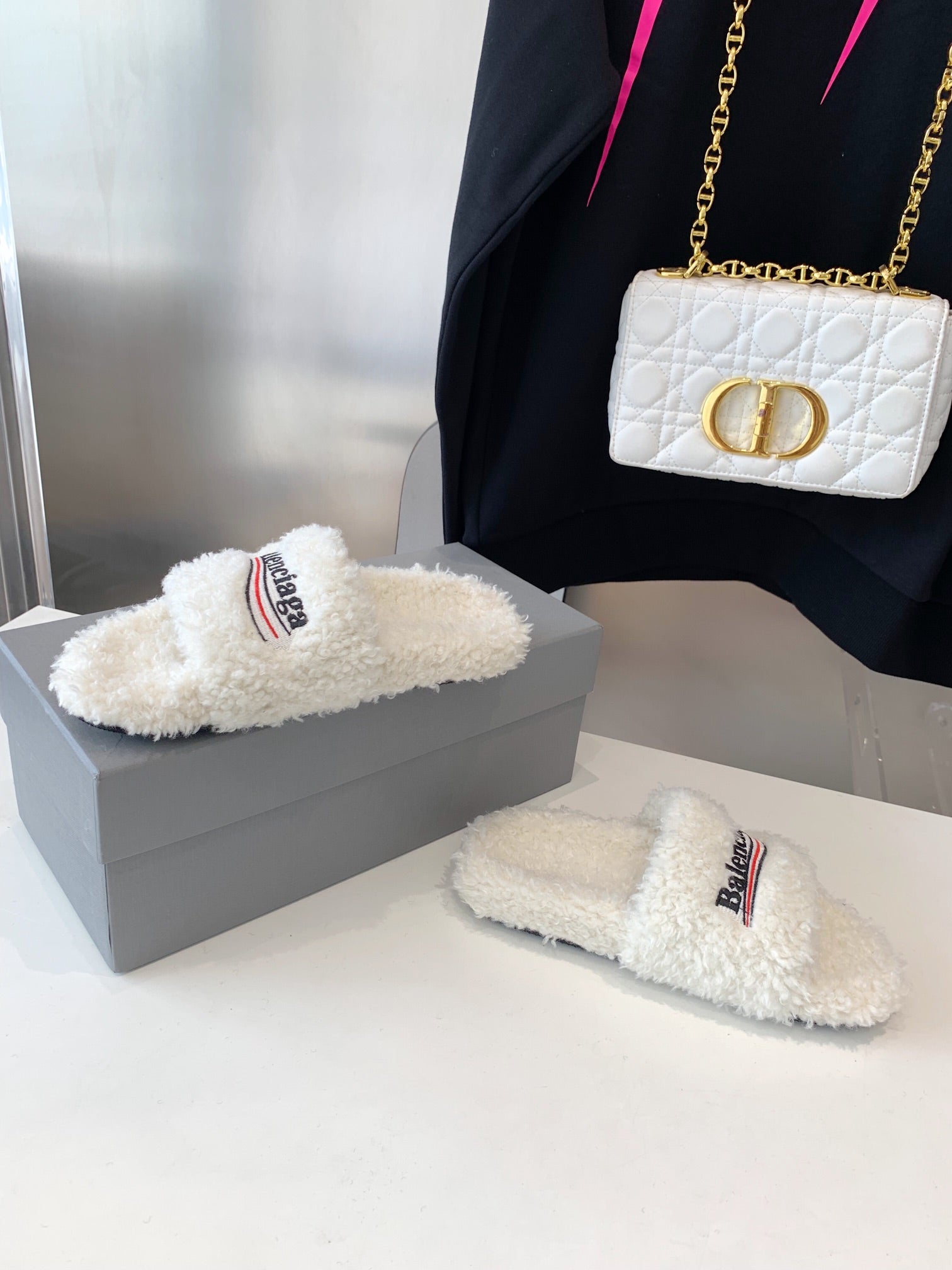 White Furry Slides Slip-On Sandals