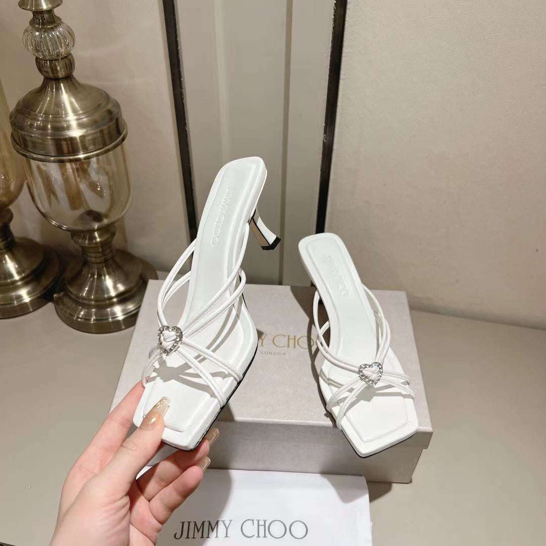 Latte Leather Mules with Crystal Hearts