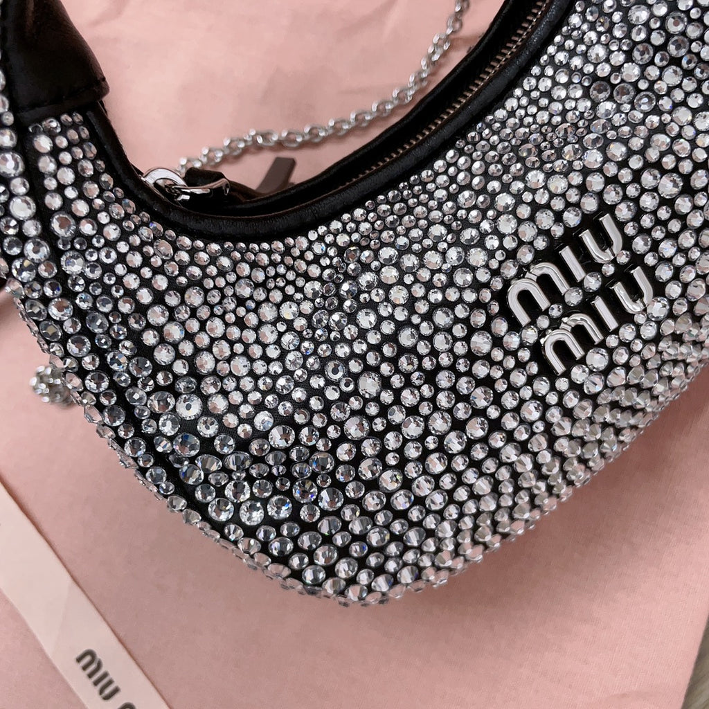 Black Wander Satin Mini Hobo Bag With Synthetic Crystals